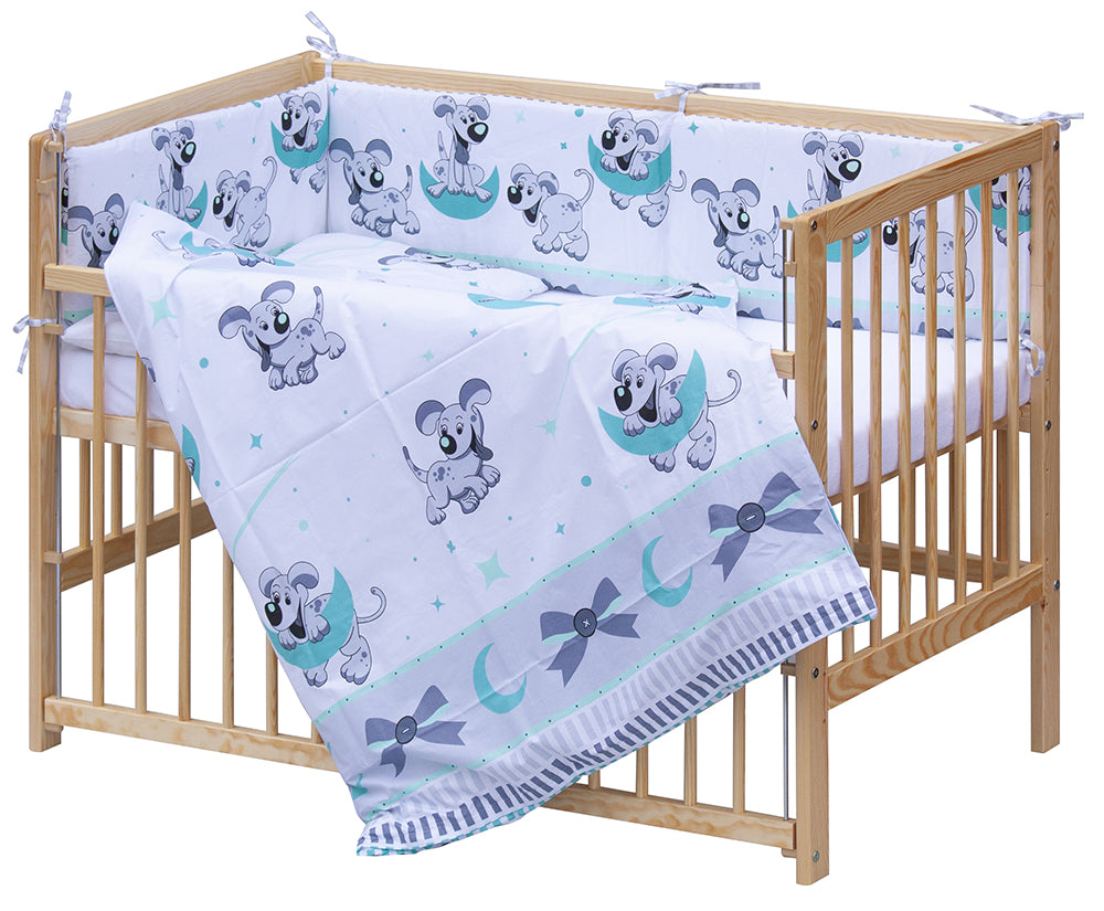 Detská postieľka s kompletnou výbavou a sťahovacím bokom Psík - 120 x 60 cm