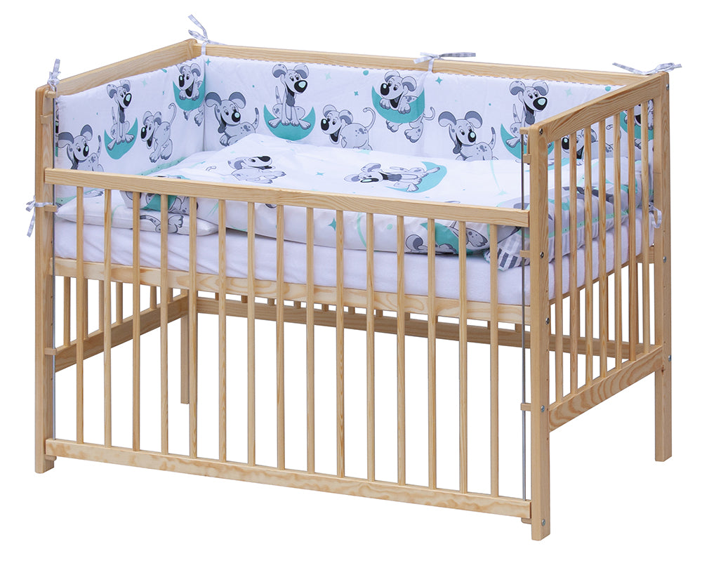 Detská postieľka s kompletnou výbavou a sťahovacím bokom Psík - 120 x 60 cm